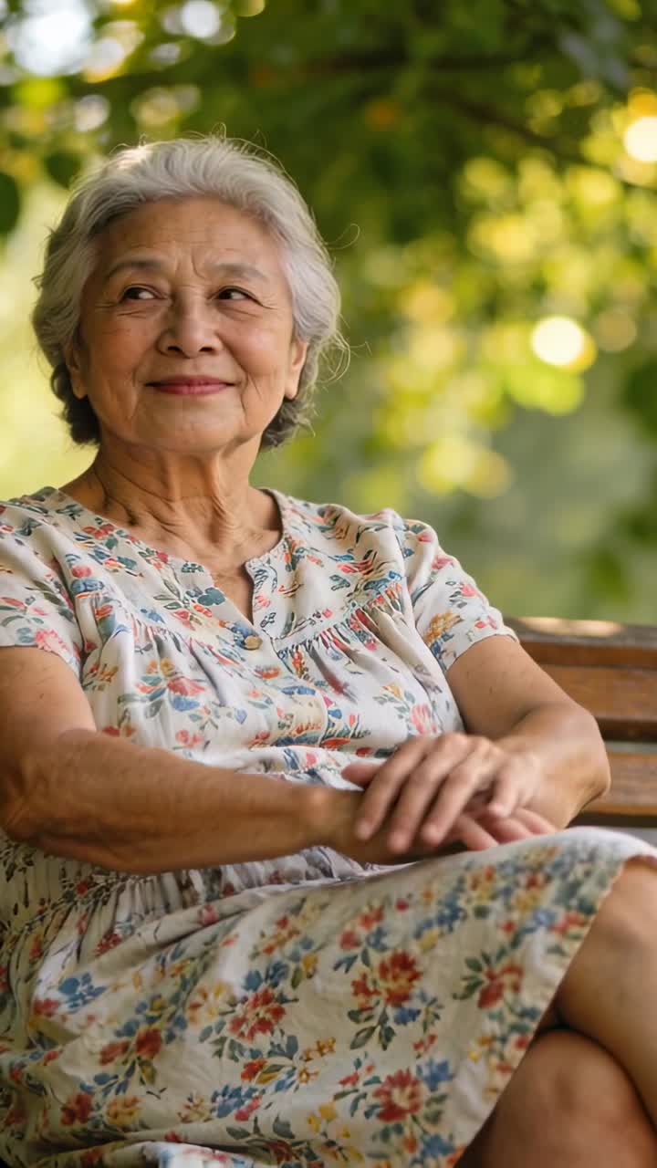 Video vertical: Anciana asiática sonriendo, relajándose en un banco de madera en el parque, girándose al oír un sonido, con vestido floral.