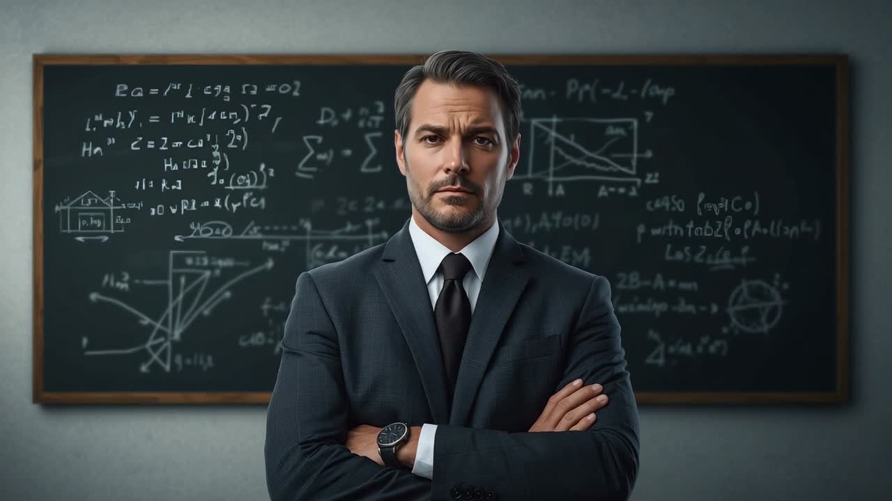 Sequence starting showing male professor standing before chalkboard, showcasing equations, diagrams