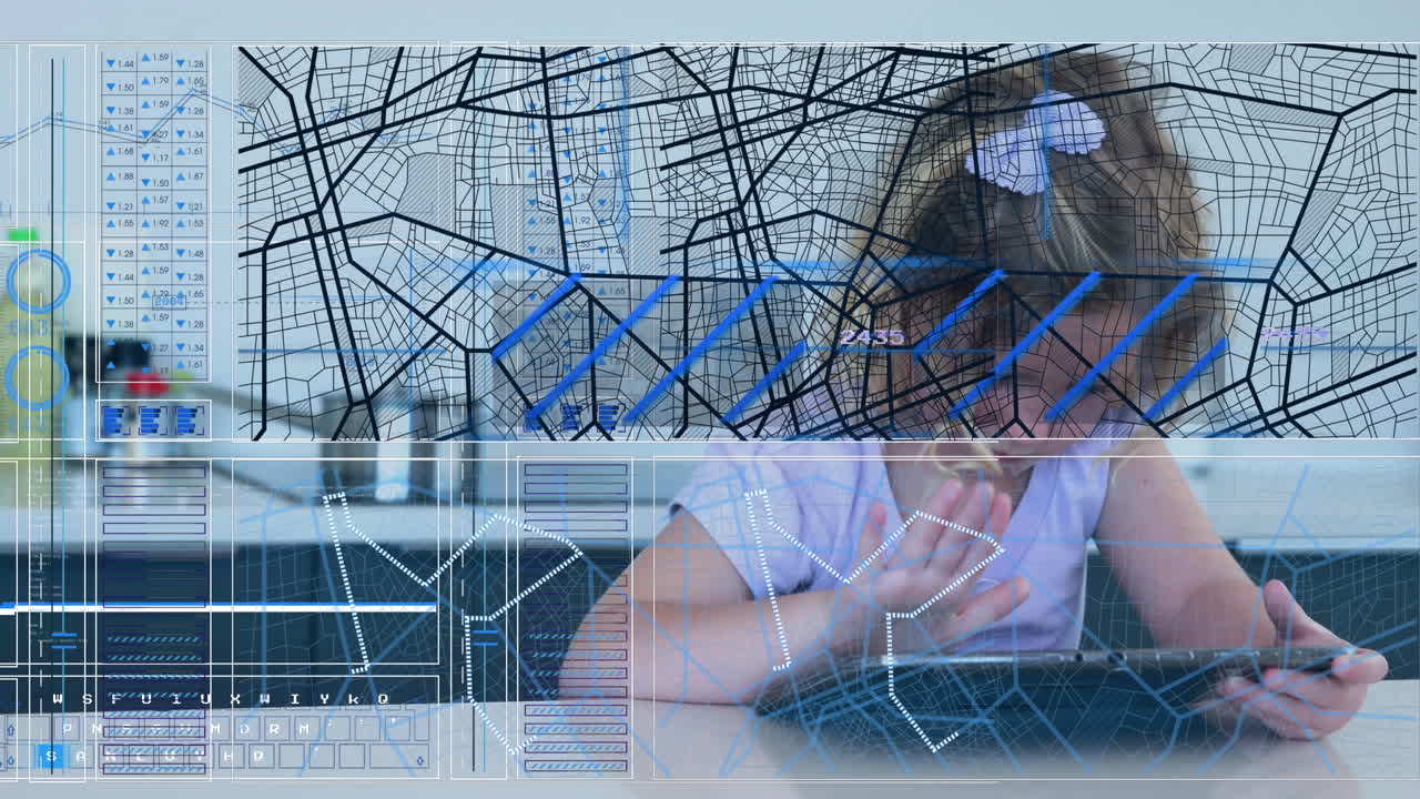 animación del procesamiento de datos sobre una niña que usa una tableta