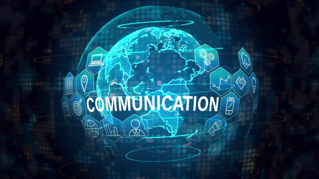 Animation of communication text over globe and data processing