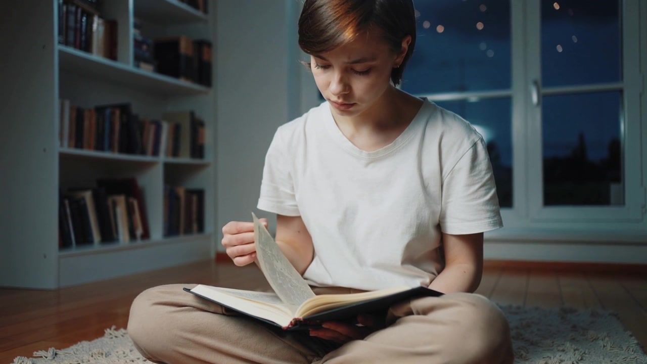 Opening hardcover book, teen reading and turning pages on rug for evening study, wearing white tee
