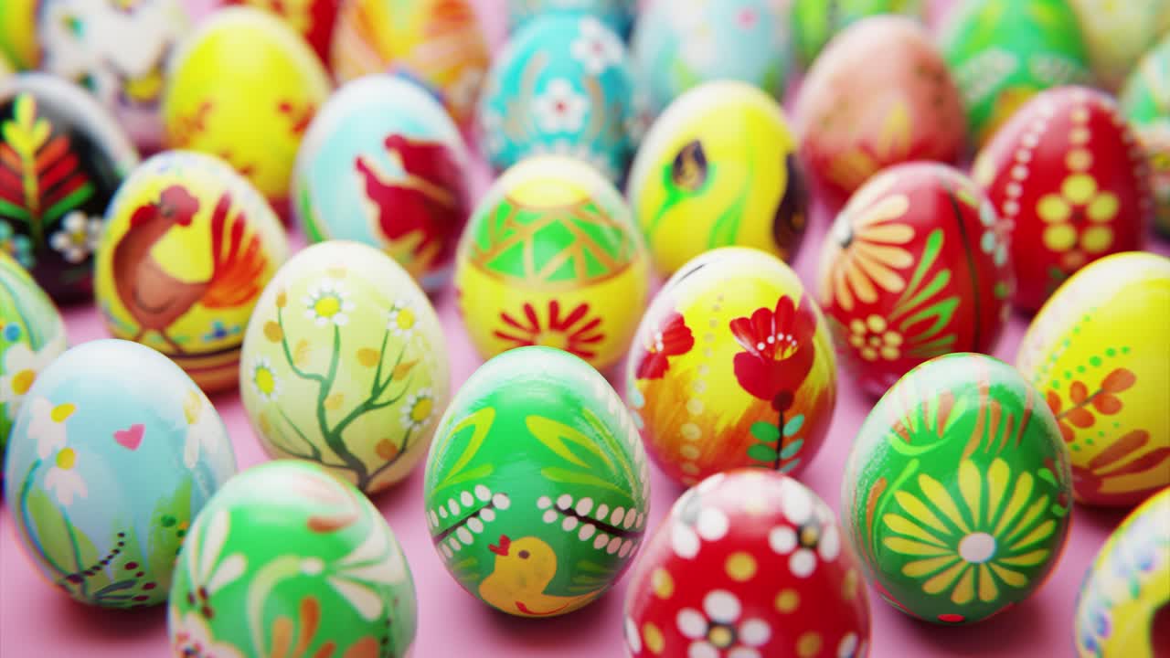 Close-Up of Many Colorful Hand-Painted Easter Eggs