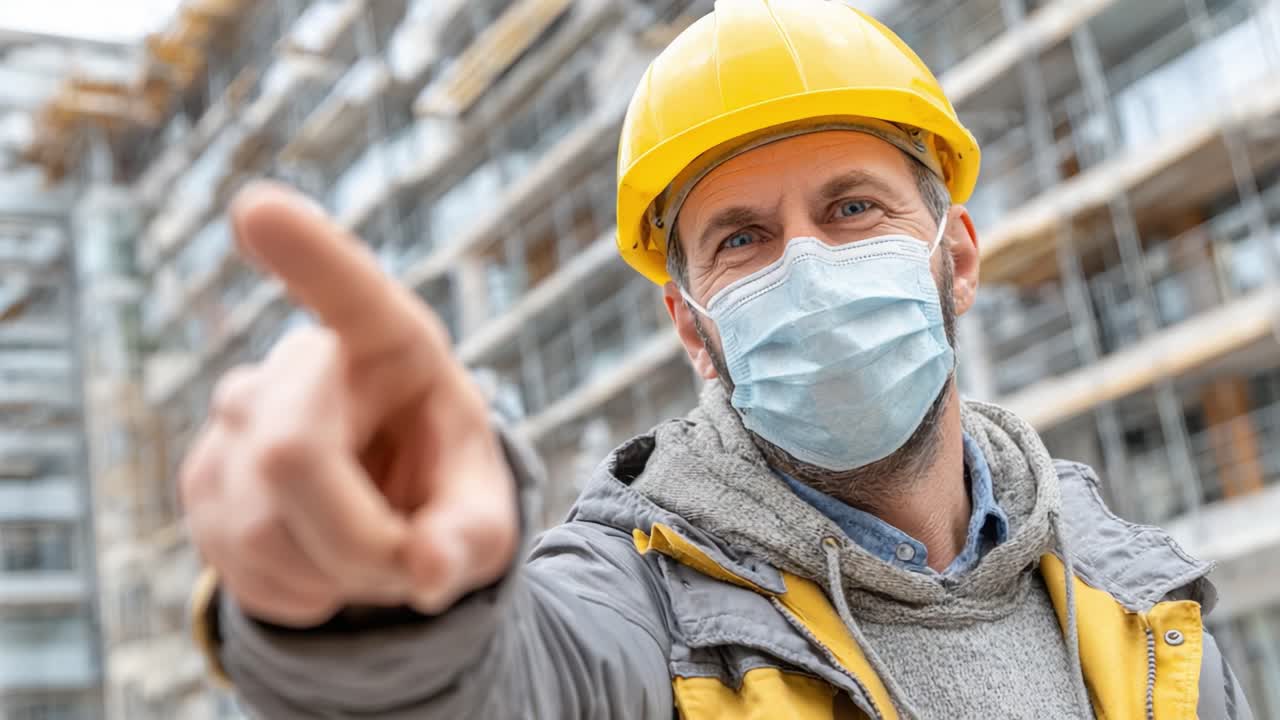 Construction Worker in Safety Gear Pointing Ahead on a Job Site, Demonstrating Leadership and Commitment to Safety Protocols during a Building Project