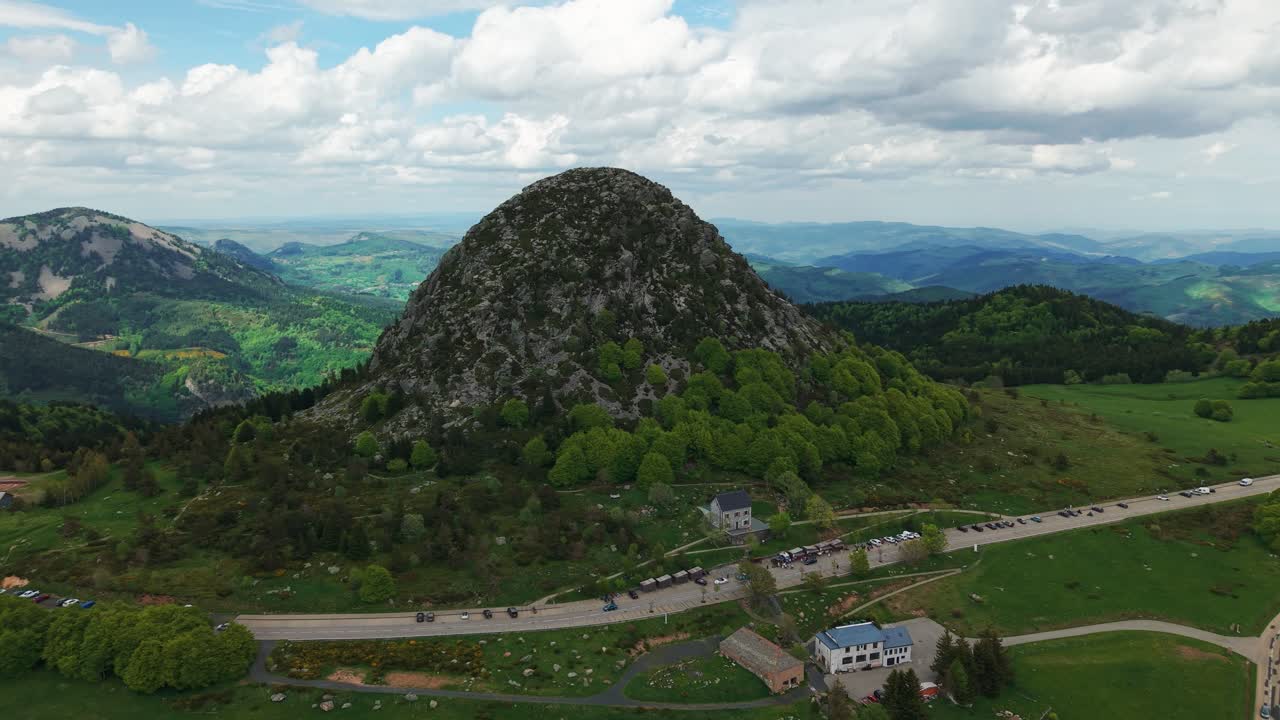 wide aerial shot around the Mont Gerbier de Jonc, Source of the Loire River in Ardeche, Auvergne Rhone Alpes Region, France