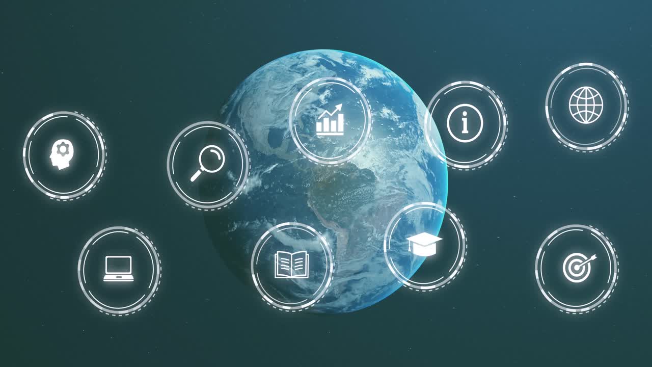 추상적인 배경에 대해 회전하는 지구상에서 여러 아이콘의 애니메이션