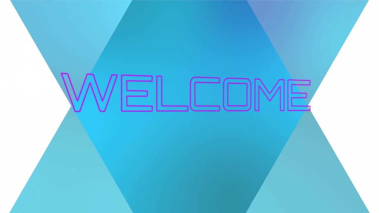 Welcome text animating over blue geometric shapes background