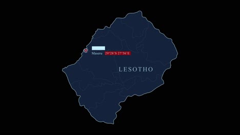 mapa azul de lesotho con la ciudad capital de maseru y las coordenadas geográficas en fondo negro