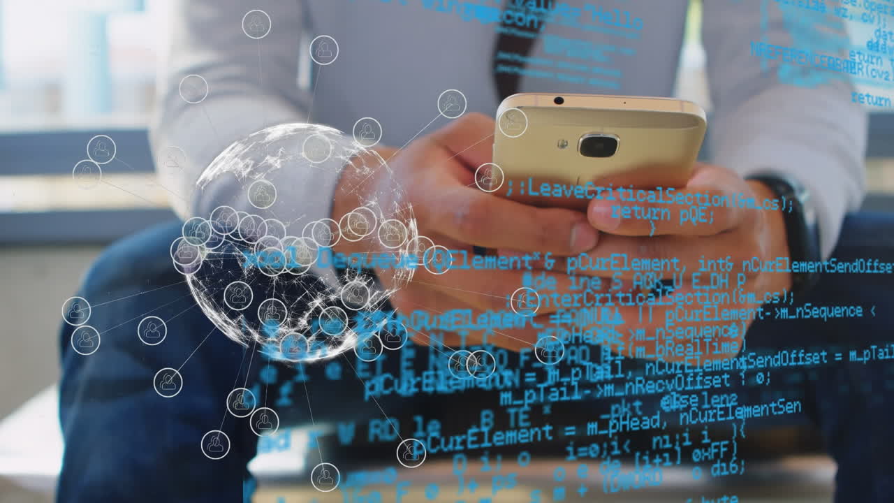 animación del procesamiento de datos financieros sobre un empresario caucásico que usa un teléfono inteligente