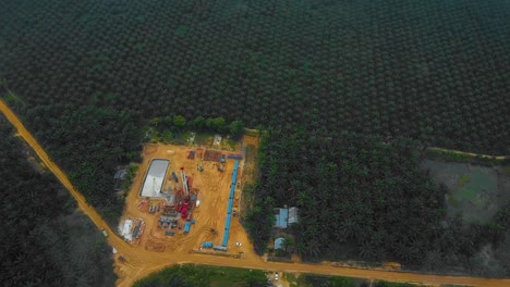 cinematic drone shot of onshore drilling and workover rig structure and rig equipment for oil exploration and exploitation in the middle of jungle surrounded by palm oil trees during sunset time