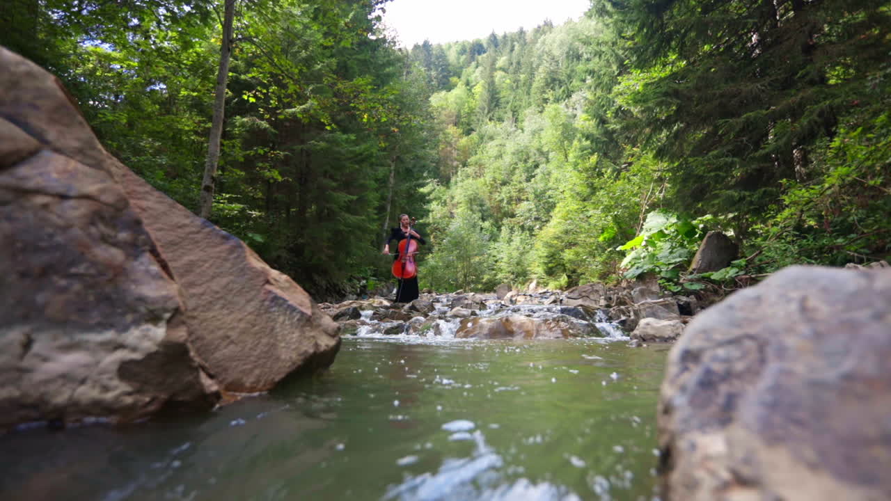 Woman playing the cello in river. Pretty girl playing cello in mountain river