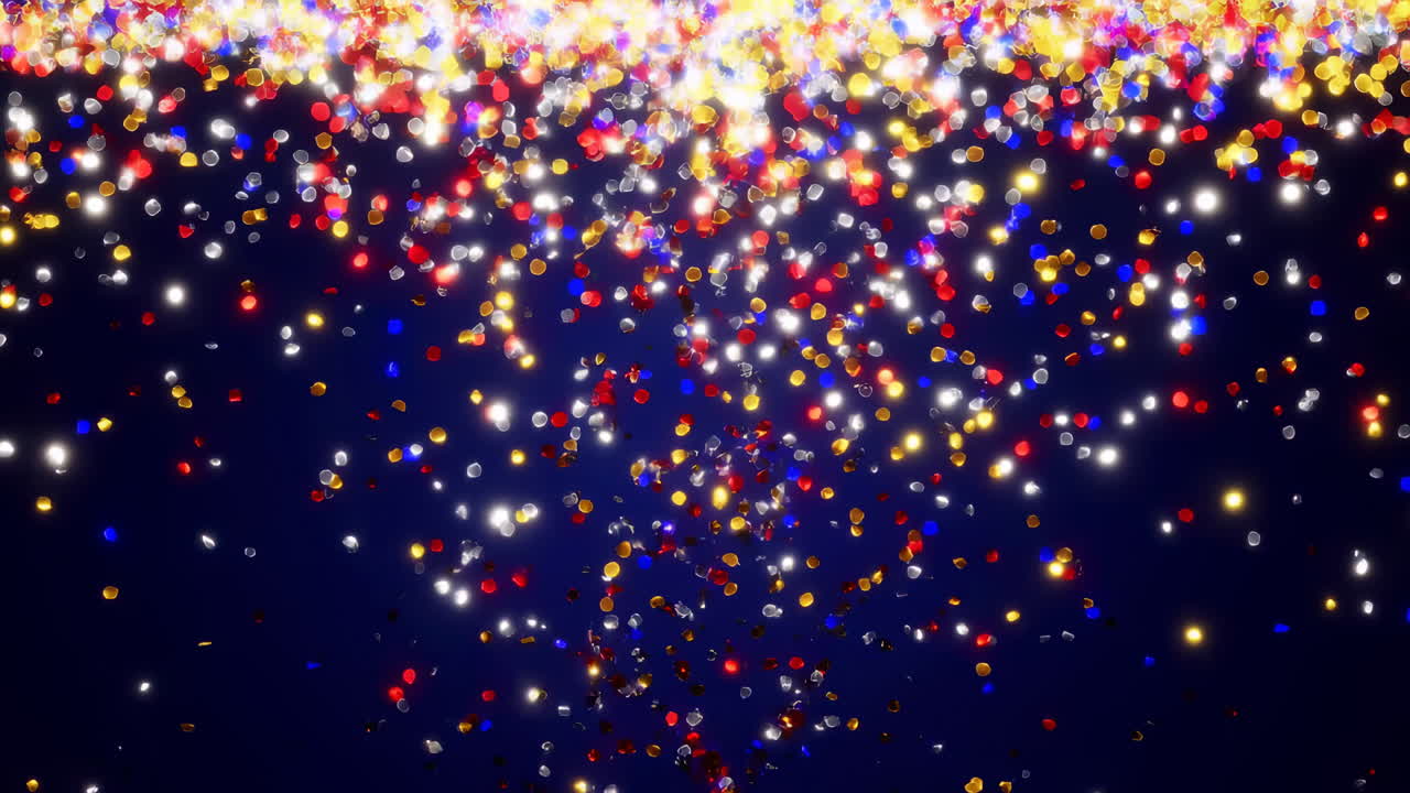 Coriandoli luminosi e colorati che cadono su sfondo blu scuro
