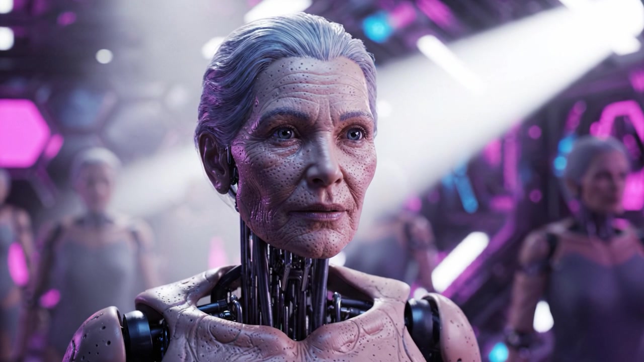 Aging Robots: A Stunning Visual Journey Through the Evolution of Robotics Featuring Highly Detailed Characters in a Futuristic Setting with Vibrant Lighting Effects