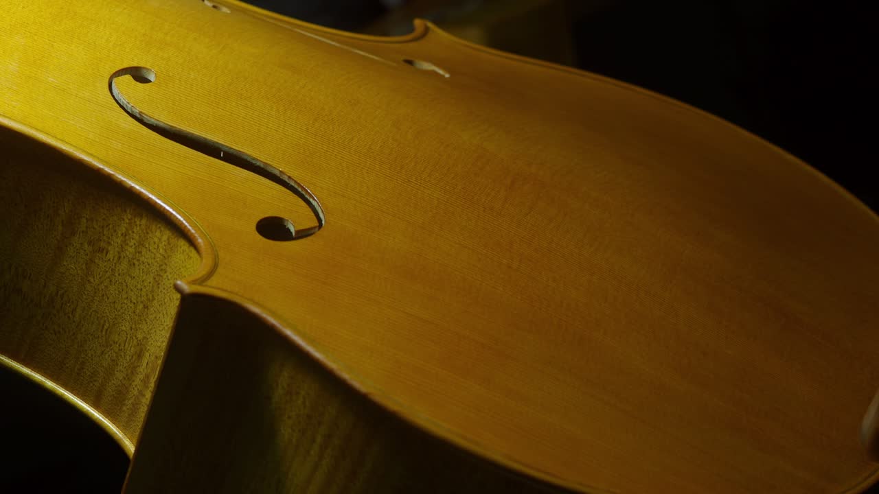 Skilled luthier carefully applying varnish to wooden cello top plate, highlighting intricate craftsmanship of instrument making and restoration process, real time