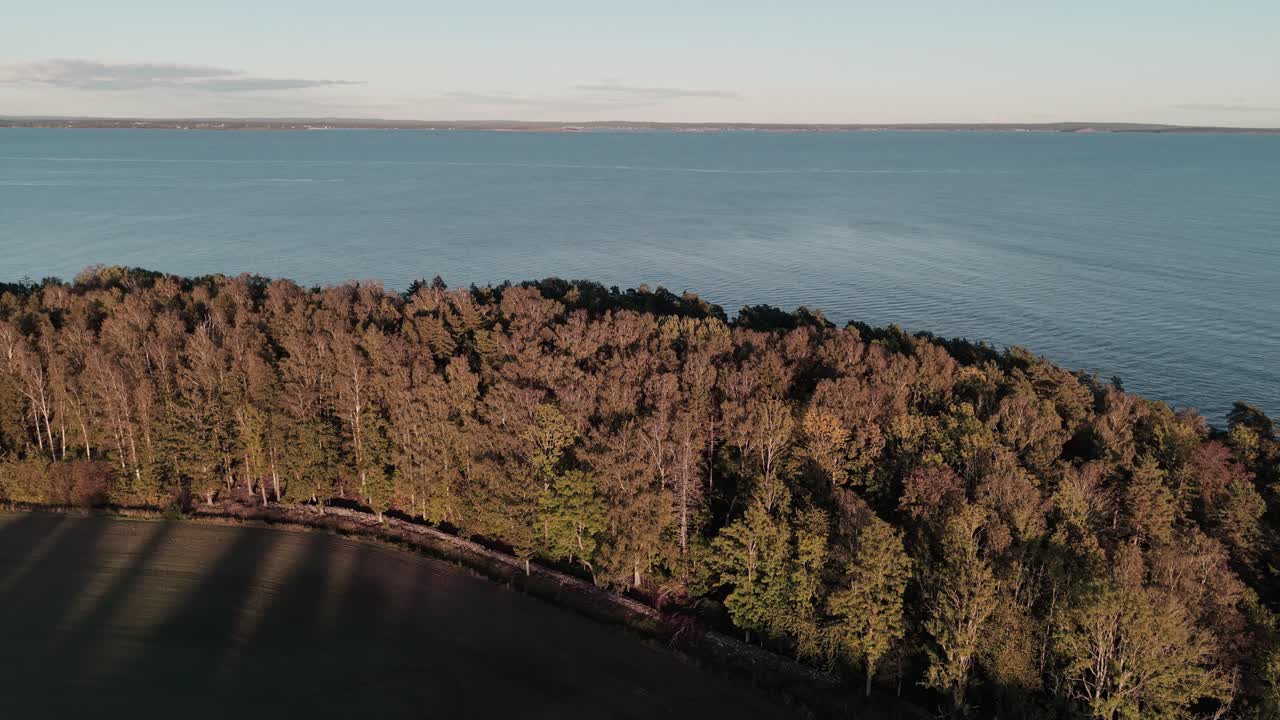 Coastline of Oslofjord in Norway at sunset. Areal footage