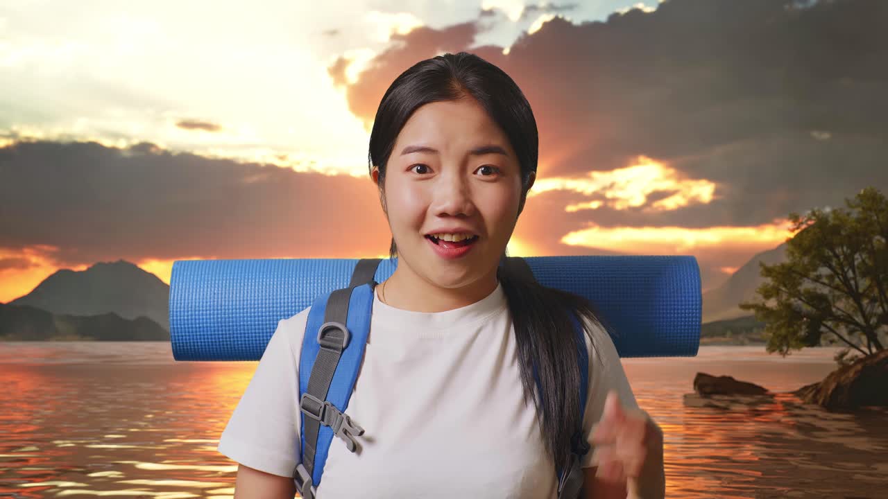 해가 지는 동안 흥분한 여인 여행자