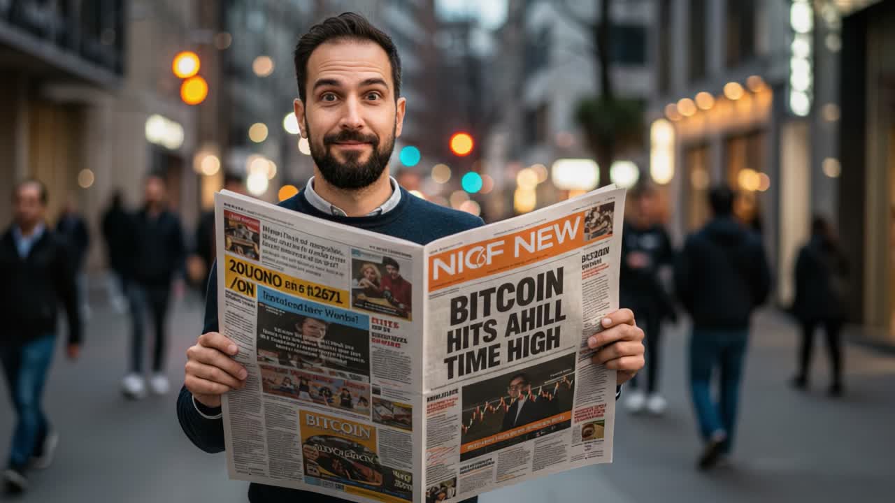 A Man Holds a Newspaper Celebrating Bitcoin's Record High, Standing in a Bustling City Street, Surrounded by Passersby and Urban Energy