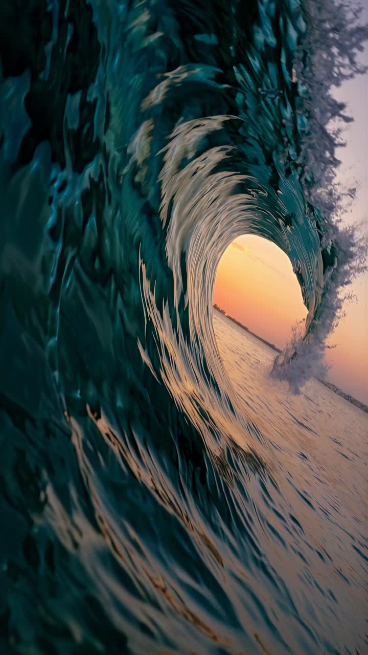 Dynamic low-angle shot of a wave cresting at sunset, capturing the ocean's power and beauty