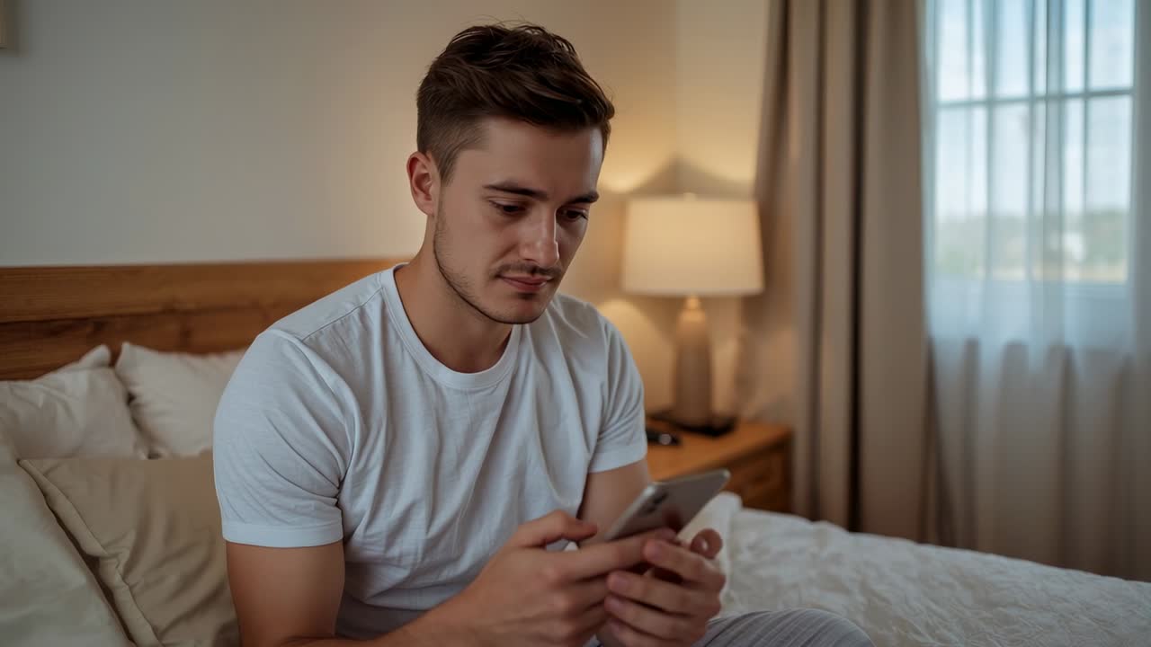 Holding smartphone adult man scrolling content on bed at home, pausing to tap screen and reflecting