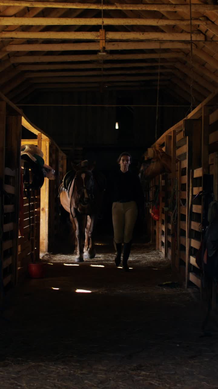 Woman walking horses in a stable