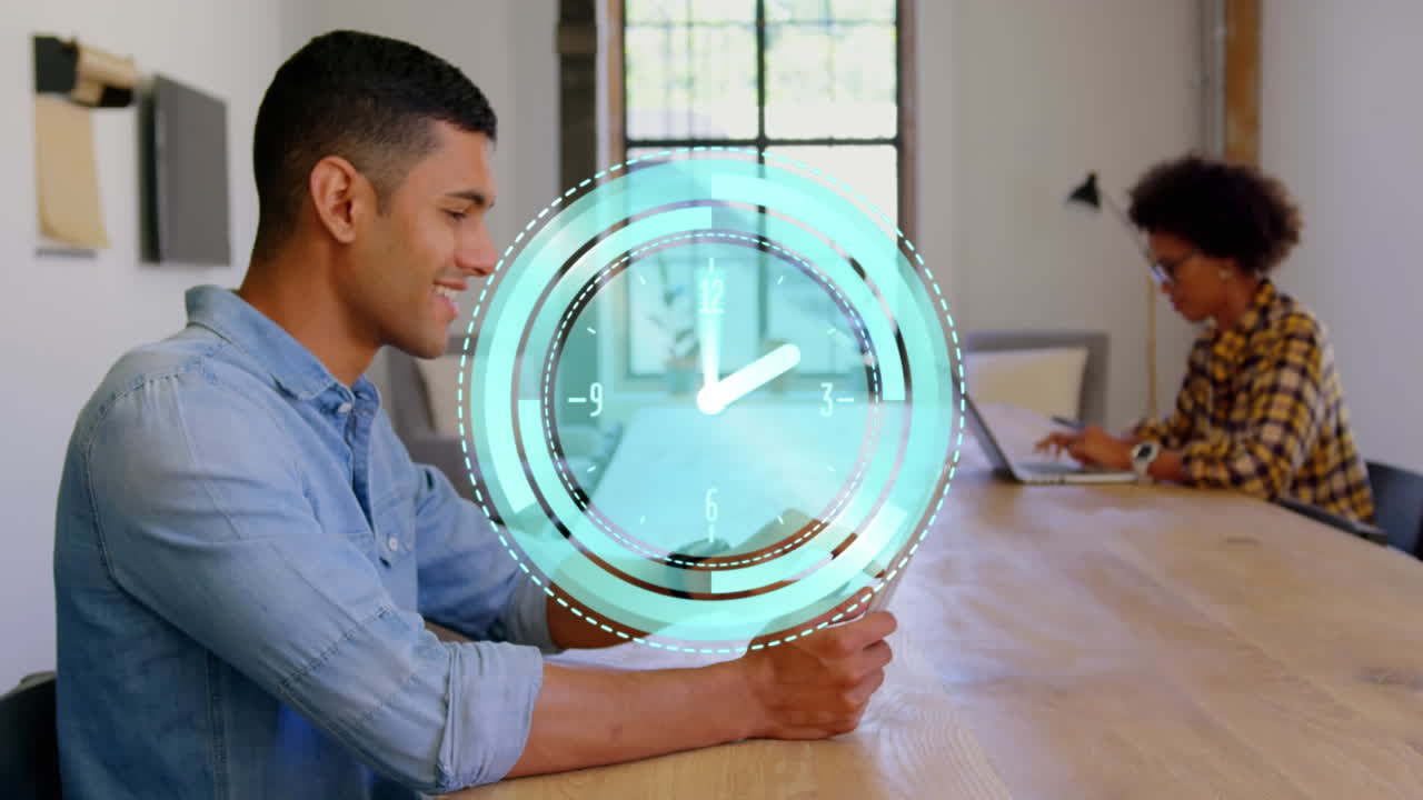 Animation of clock moving fast over businessman using tablet