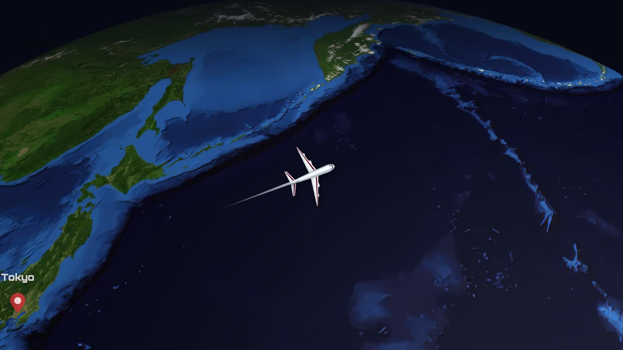 Satellite view animation follows an airplane flying across the Pacific Ocean from Tokyo to Phoenix