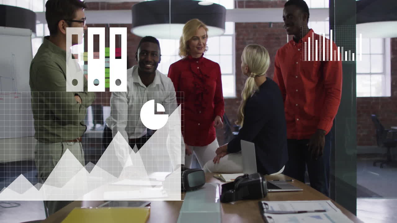 In office, diverse team discussing with animation of graphs and charts displayed