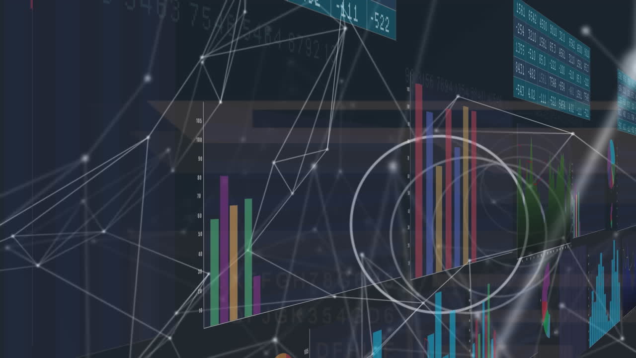 Animation of data processing and network of connections on black background
