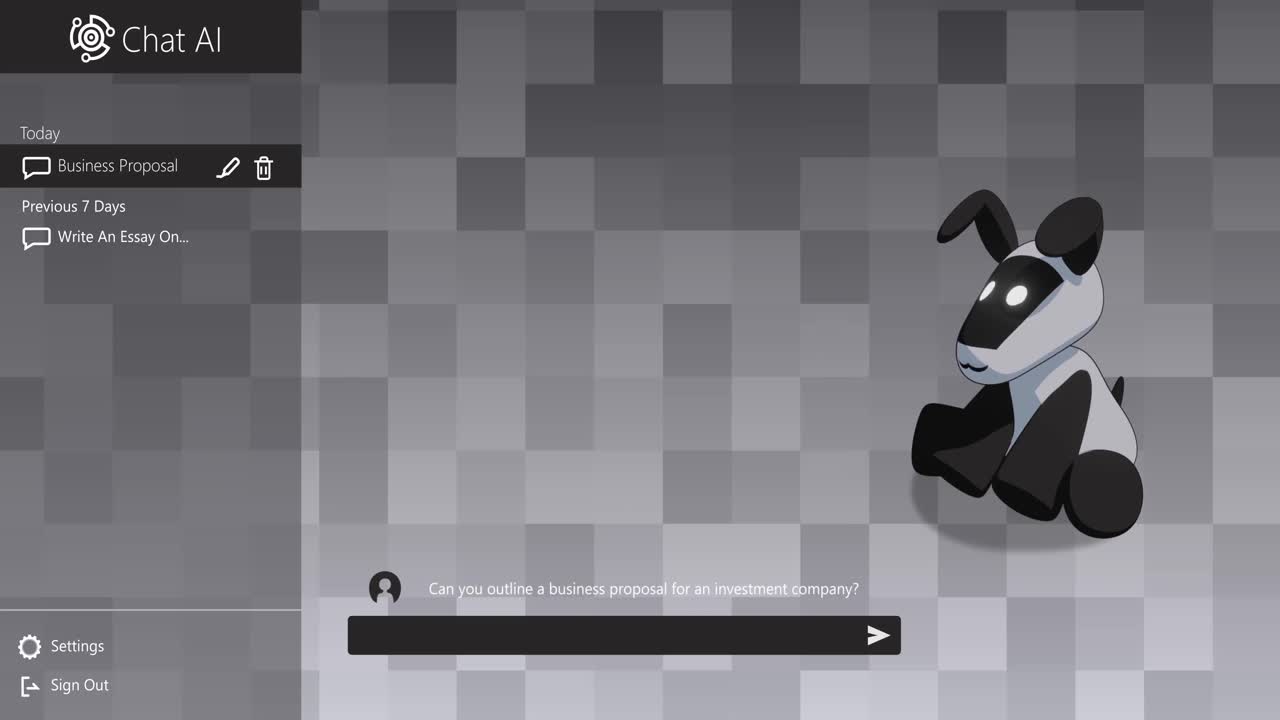 Animation of ai chat icons and data processing on grey pixelated background