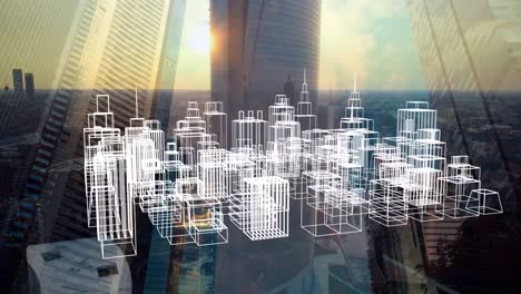 animación de un modelo de ciudad en 3d sobre el paisaje urbano