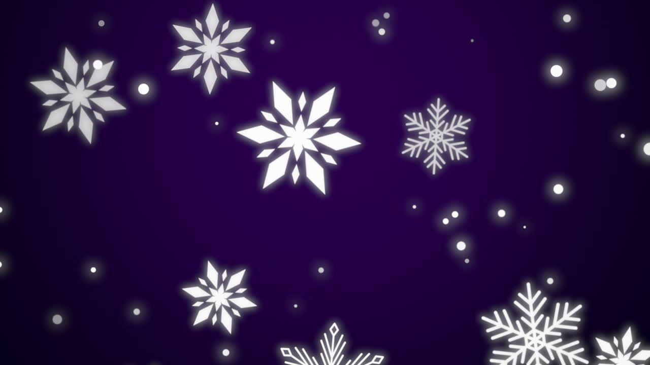 Falling white snowflakes and glitters in purple sky
