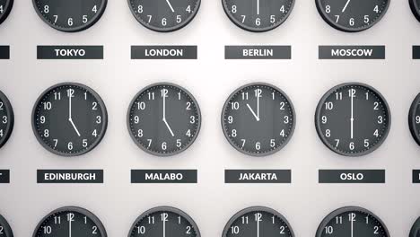 round clocks show different time zones on white wall. camera moves left to right. clock face timelapse