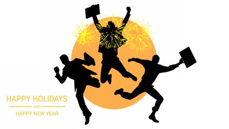 Animation-of-happy-holidays-and-new-year-text-with-silhouettes-of-jumping-businessmen-and-fireworks