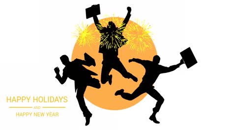 animation of happy holidays and new year text with silhouettes of jumping businessmen and fireworks