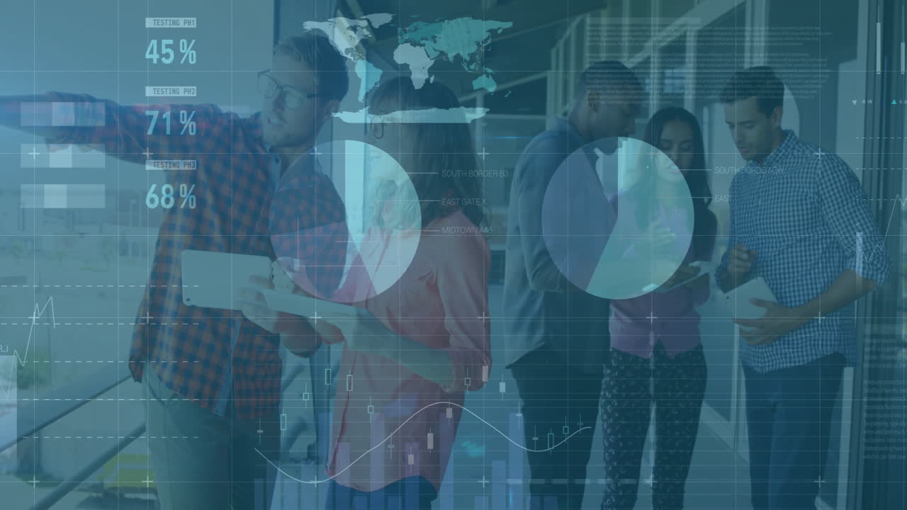 Collaborating with data analytics and animation, business professionals in meeting room