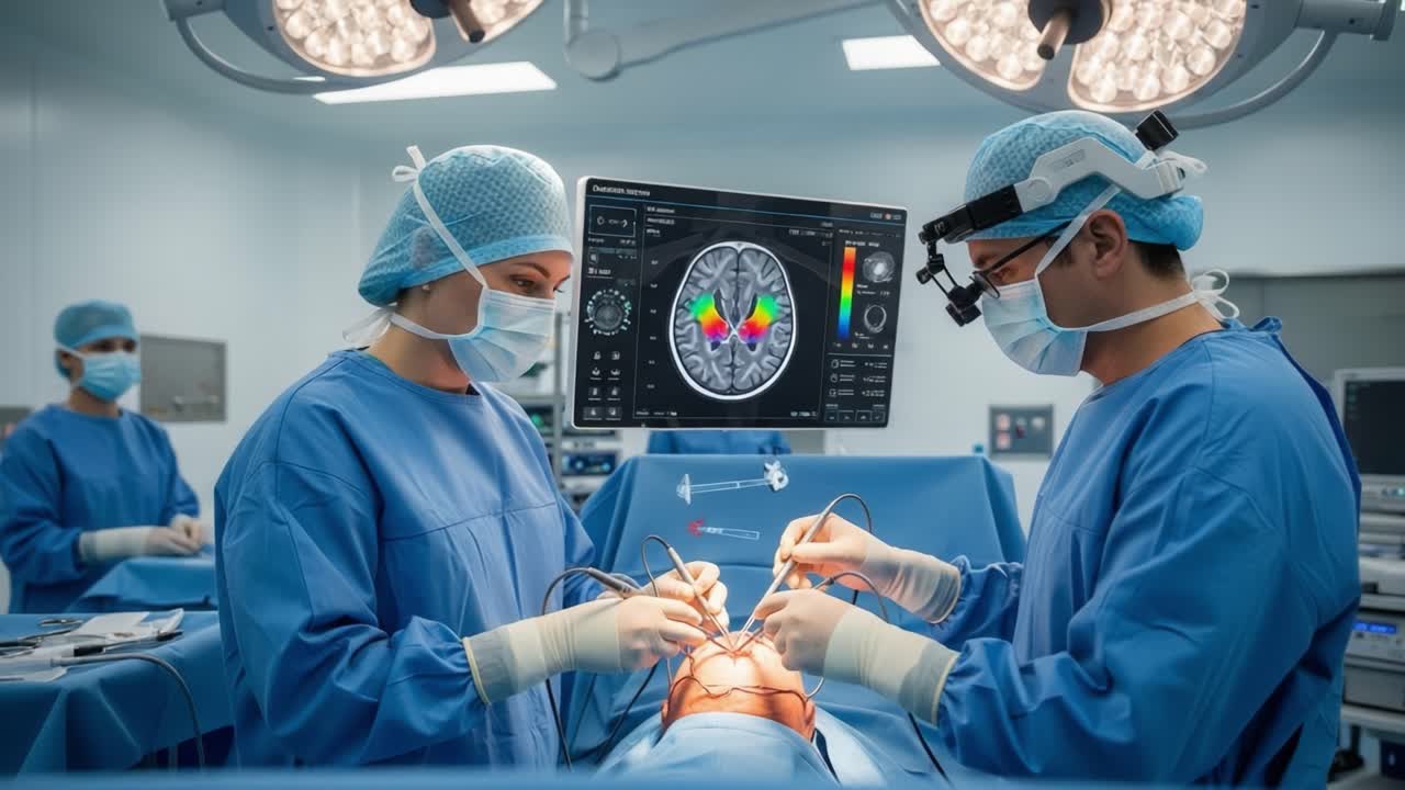 Surgical Precision: A Lifesaving Procedure in Progress with Surgeons Focused on a Patient's Brain Surgery Utilizing Advanced Medical Technology and Imaging