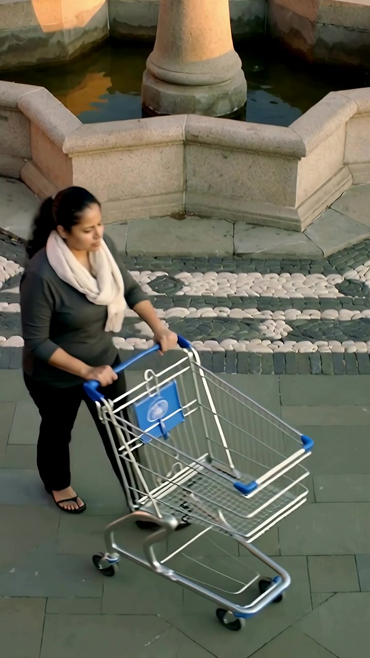 Video verticale: carrello che entra da sinistra mentre una donna con foulard lo spinge vicino a una fontana
