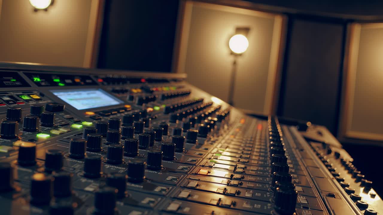 Low-angle shot of a professional audio mixing console in a dimly lit studio