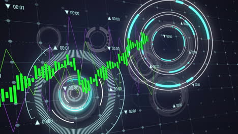 Animation-Mehrerer-Graphen-Und-Wechselnder-Zahlen-über-Beleuchteten-Kreisen