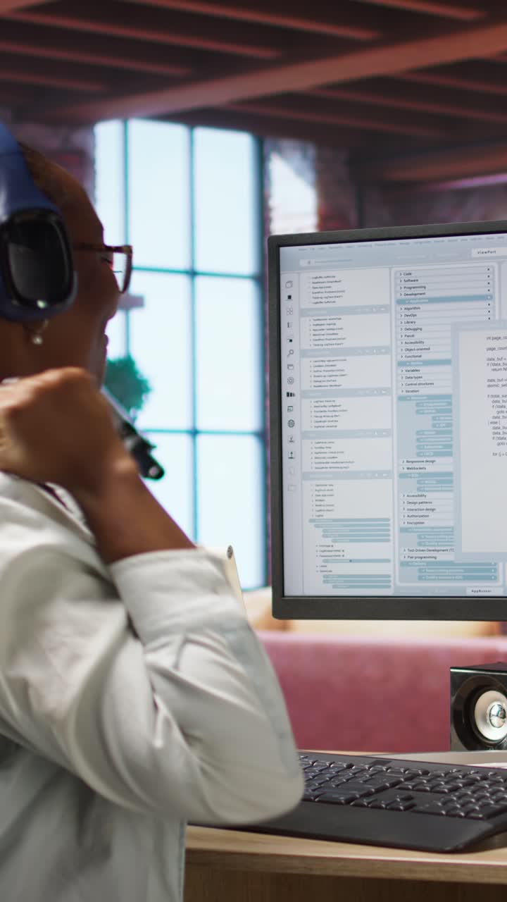 Vertical video IT worker wearing headphones happy after finishing compiling code