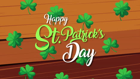 happy saint patricks day lettering with clovers in wooden background