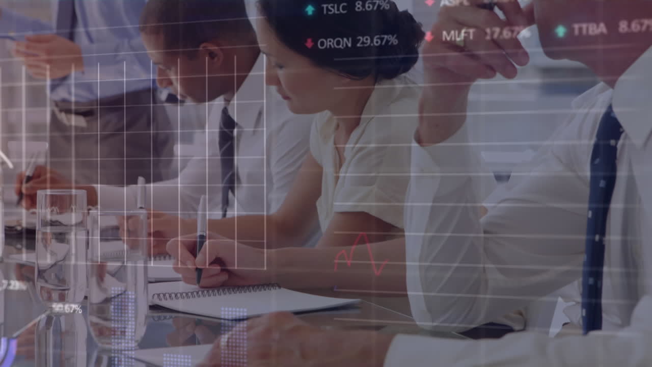 상업 게시판의 애니메이션, caucasus 매니저가 다양한 동료들과 보고서를 논의하는 그래프