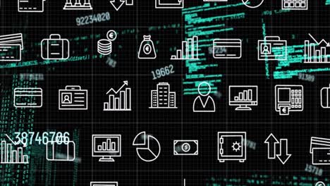 animation of multiple digital symbols and changing numbers over data processing on black background