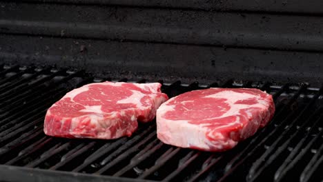 Two-raw-rib-eye-steaks-getting-ready-to-cook-on-a-grill