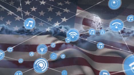 Animation-of-network-of-connections-of-icons-with-wi-fi-over-usa-flag-and-clouds