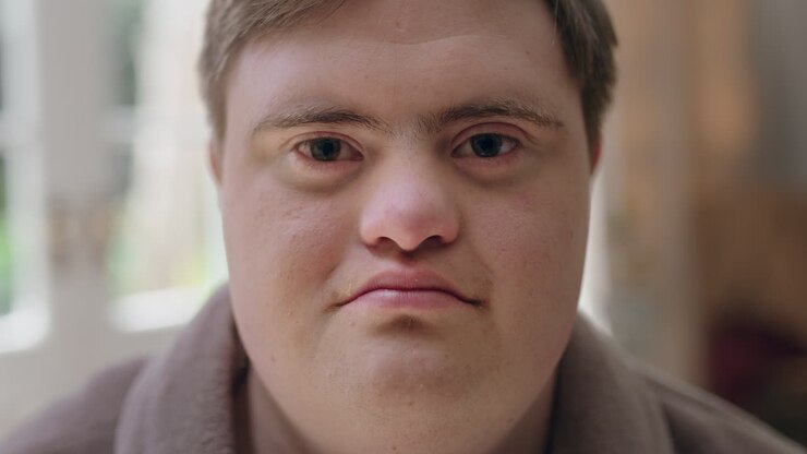 ritratto di ragazzo felice con sindrome di down con bisogni speciali adolescente con disabilità a casa