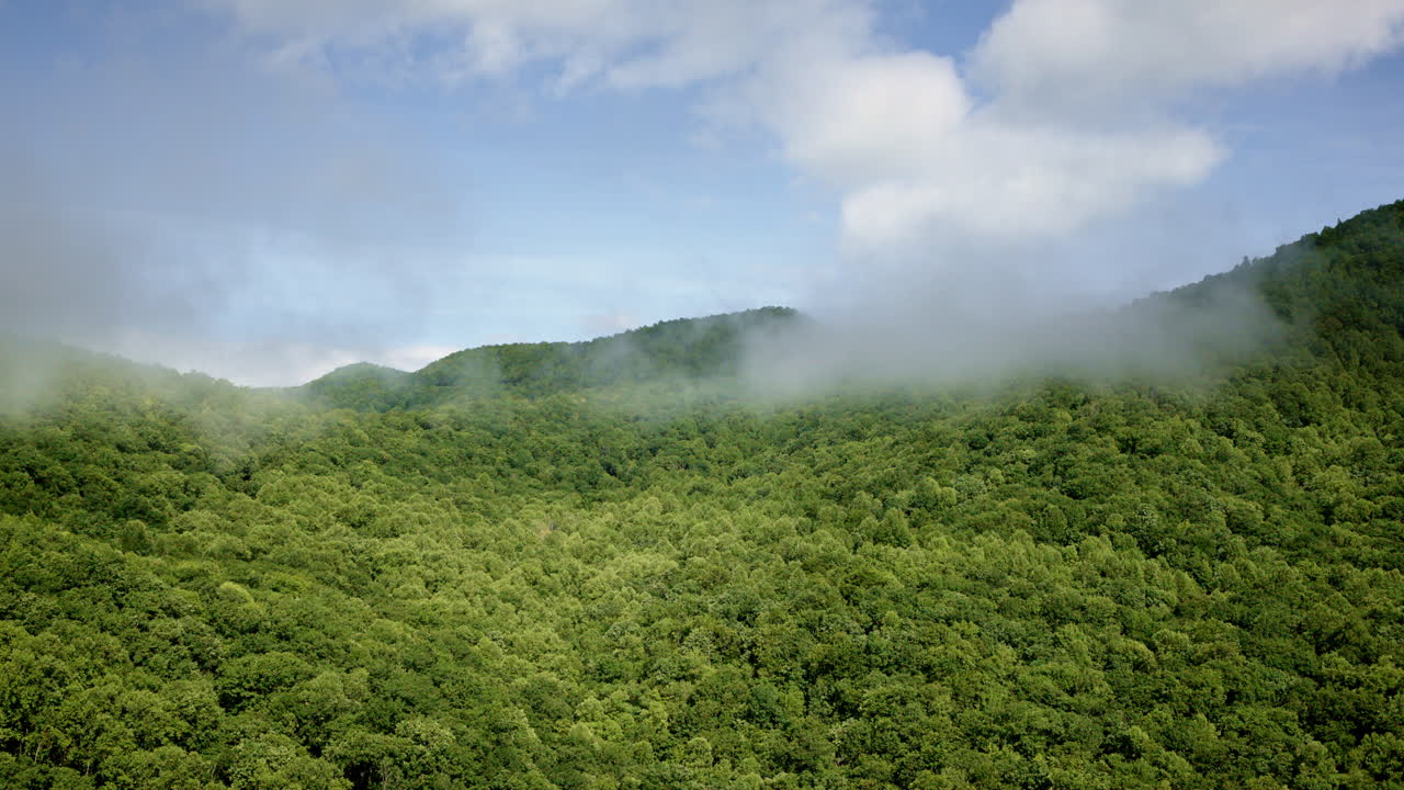 Cinematic drone perspective of the misty Smoky Mountains in North Carolina