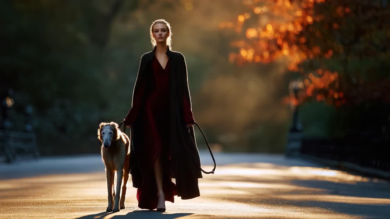 A Serene Stroll: A Woman in a Flowing Red Dress Walks Gracefully with Her Greyhound Amidst the Warm Glow of Autumn Leaves and Soft Morning Light