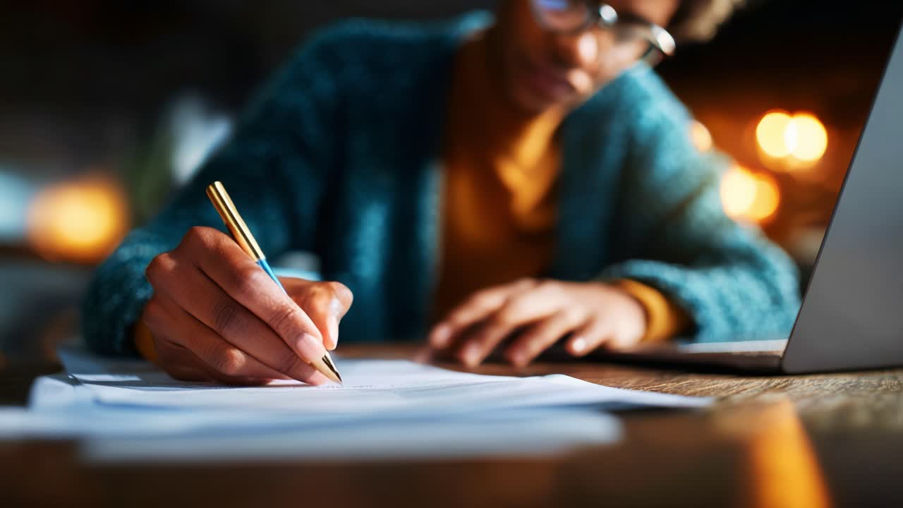 Focused Individual Engaged in Writing on Papers with a Laptop Nearby, Highlighting the Process of Creativity and Study in a Warm Environment with Soft Lighting