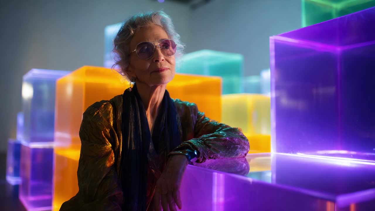 A Captivating Portrait of an Elegant Individual Amidst Vibrant, Colorful Translucent Cubes that Illuminate the Art Space with Their Bright Hues, Capturing the Essence of Modern Artistic Expression and Beauty