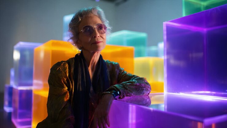A Captivating Portrait of an Elegant Individual Amidst Vibrant, Colorful Translucent Cubes that Illuminate the Art Space with Their Bright Hues, Capturing the Essence of Modern Artistic Expression and Beauty
